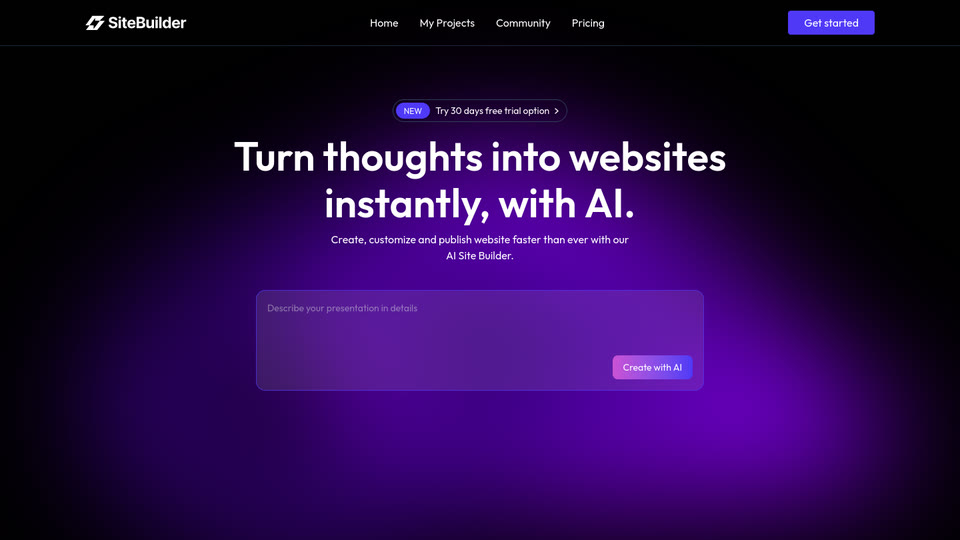 AI Site Builder landing page: a prompt box under the heading 'Turn thoughts into websites instantly, with AI'